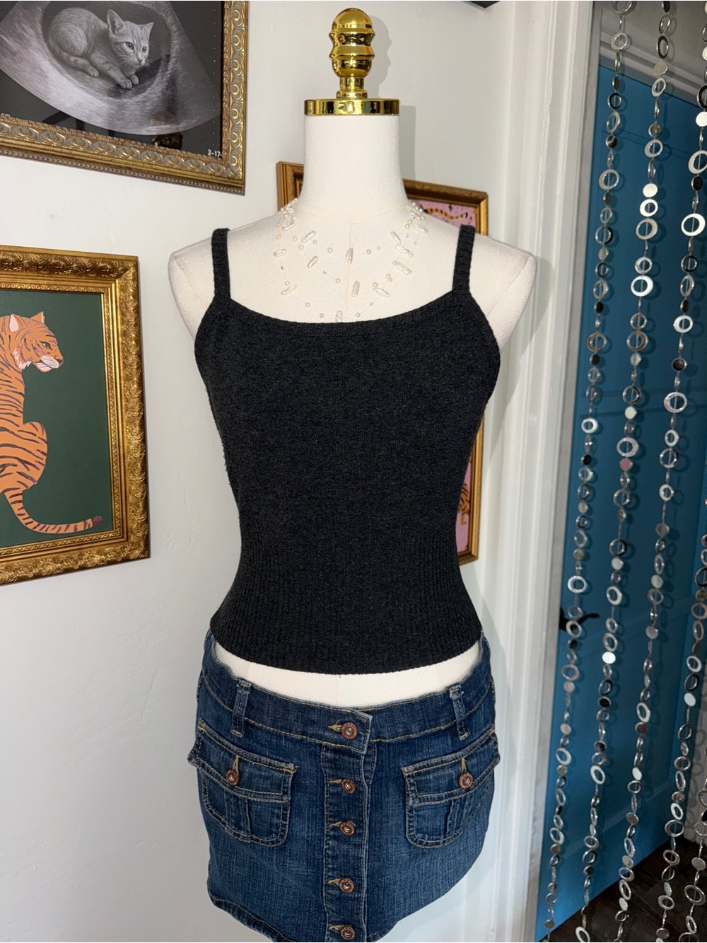 Vintage Y2K Dark Grey Knit Spaghetti-Strap Tank Top